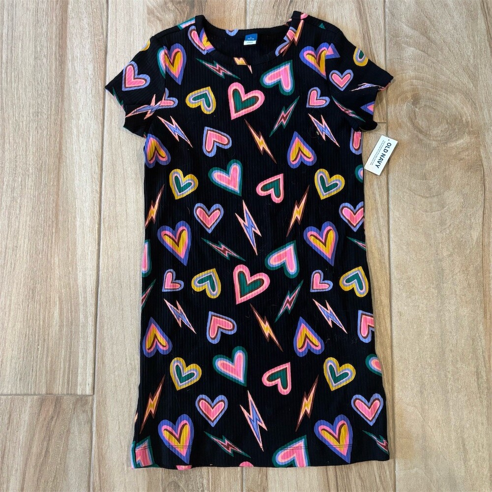 Old Navy Girls T-Shirt Dress Size L 10-12 Black Rainbow Hearts Lightning